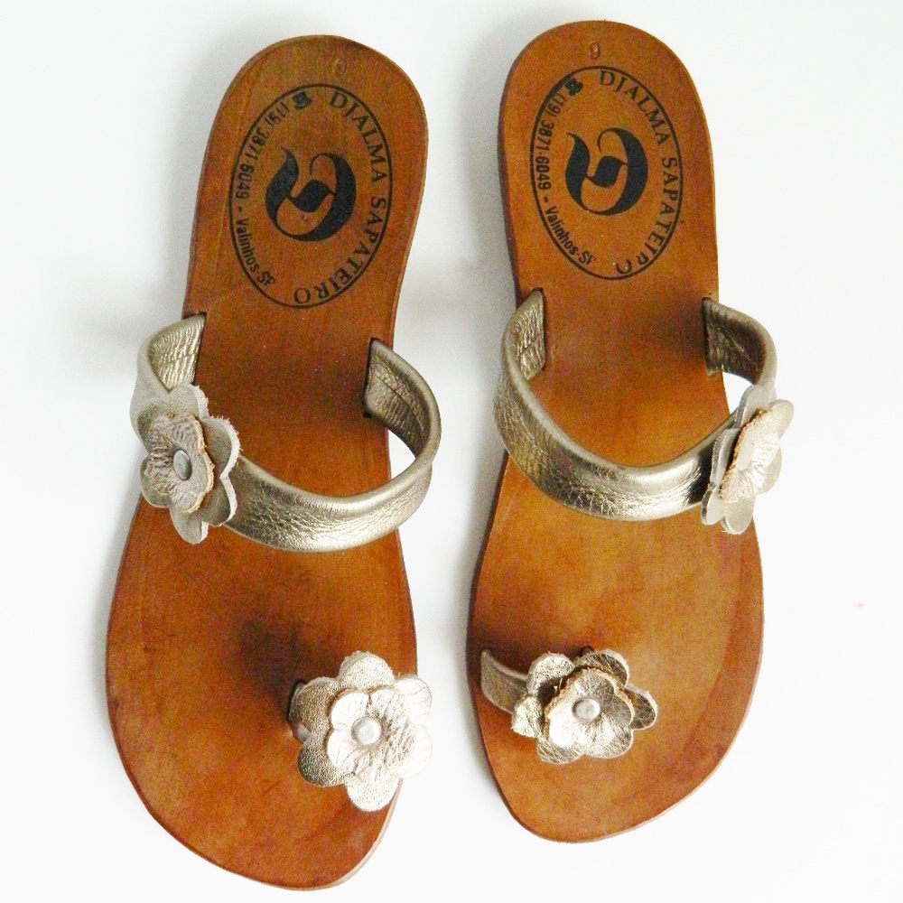 Leather Flower Sandals Gold Bronze
